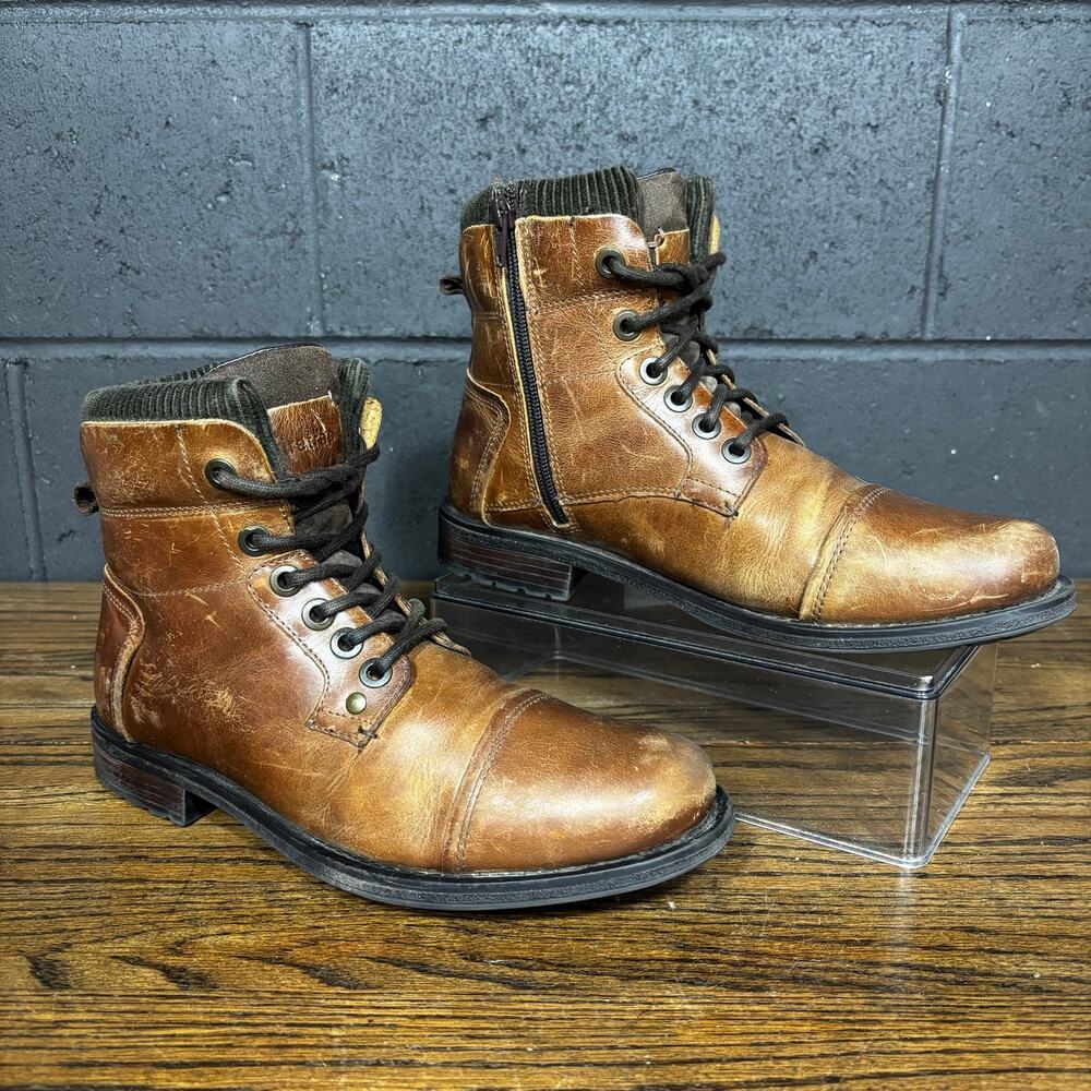 Firetrap Brown Leather Cap Toe Lace Up Combat Ankle Boots Side Zip Men’s 7